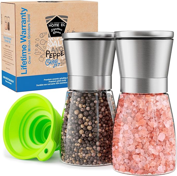 Home EC Original Stainless Steel Sea Salt and Pepper Grinder Set of 2 - Adjustable Ceramic - Glass Salt and Pepper Shakers - Kitchen Pepper Mill & Salt Mill W/Funnel & EBook