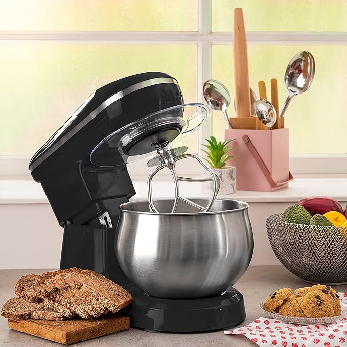 Moss & Stone Black Stand Mixer, 6 Speed Electric Mixer With 5.5 Quart Stainless Steel Mixing Bowl, Black Body Kitchen Mixer With Dough Hook, Egg Whisk, Beater & Baking Spatula, Classic Food Mixer