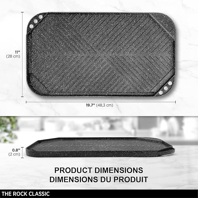 Starfrit The Rock 19.7'' x 11'' (50x28cm) Non-Stick Reversible Grill & Griddle - Durable Forged Aluminum - Oven Safe - PFOA Free - Easy to Clean - Black