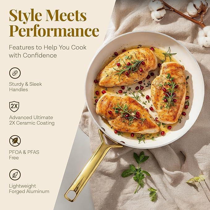 Gotham Steel Modern 11 Pc Ceramic Cookware Set, Elegantly Designed Pots and Pans Set Non Stick with Steamer, Induction Bottom, Premium Stay Cool Handles, Non Toxic PFOA Free, Oven & Dishwasher Safe