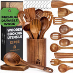 Wooden Spoons for Cooking – Wooden Cooking Utensils Set with Holder, Spoon Rest & Hooks, Teak Wood Nonstick Kitchen Cookware – Durable Set of 12pcs by Woodenhouse