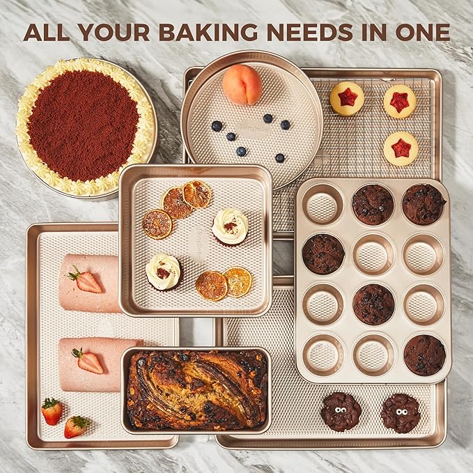 HONGBAKE 9-Piece Baking Pans Set Nonstick, Stackable Non Toxic Bakeware Sets with Diamond Texture, Oven Pan Set for Cooking, Includes Cookie Sheet with Rack, Cake Pan, Roasting Pan, Muffin Tin, Gold