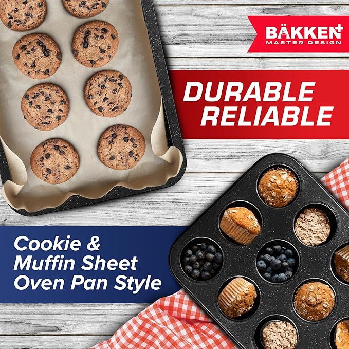 BAKKEN 6-Piece Kitchen Baking Pan Set - Commercial Grade Carbon Steel Bakeware, With Nonstick Coating, Stackable and Space-saving Design, PFOA, PFOS, PTFE Free, Oven Safe (Up To 450°F), Gray Marble