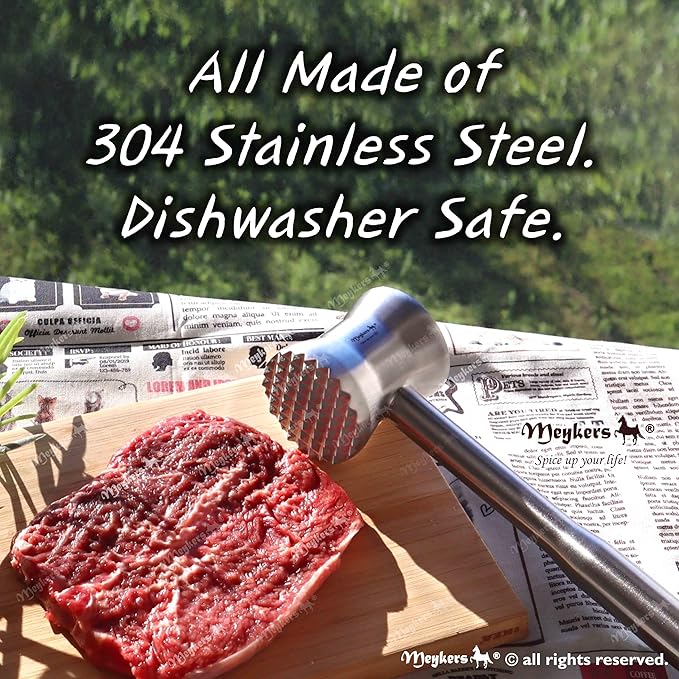 Meykers Meat Tenderizer Mallet | 304 Stainless Steel | Dishwasher Safe | Meat Pounder Hammer Flattner Beater | Kitchen Tool for Steak Chicken Poultry Food | ablandador de carne martillo para carne