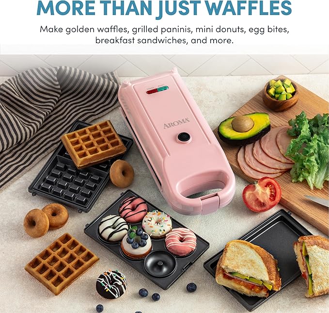 AROMA® Swap & Flip Waffle Maker with Removable Plates: 3-in-1 Panini Press, Mini Donut Maker, and Waffle Iron