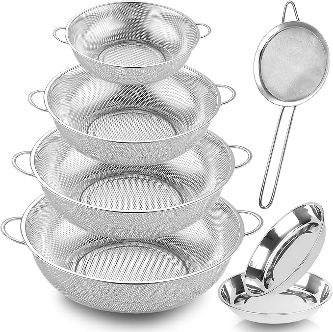 Colander Stainless Steel, 7 Piece Strainers and Colanders Set, Mesh Strainer Net Baskets with Handles, 2 Stainless Steel Plates and Fine Mesh Strainer for Kitchen Food Strain Drain Rinse Cooking
