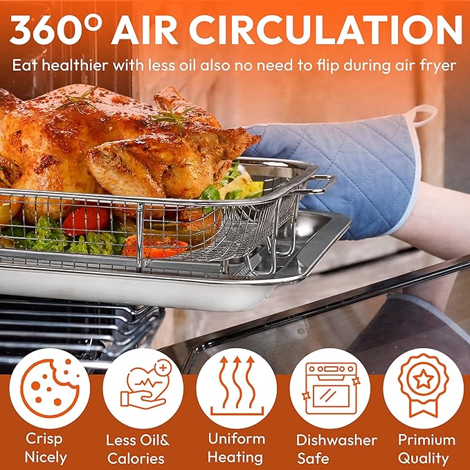 18.7" X 12.8" Extra Large Air Fryer Basket for Oven, Oven Air Fryer Basket and Tray Set With 30PCS Parchment Papers, Stainless Steel Air Fryer Pan and Crisper Tray for Frying Baking