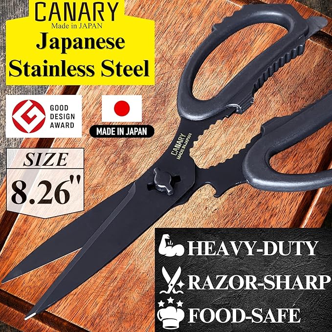 CANARY Japanese Kitchen Scissors All Purpose Heavy Duty 8.2" Matte Black, Made in JAPAN, Dishwasher Safe Come Apart Blade, Multipurpose Kitchen Shears, Sharp Serrated Japanese Stainless Steel Blade