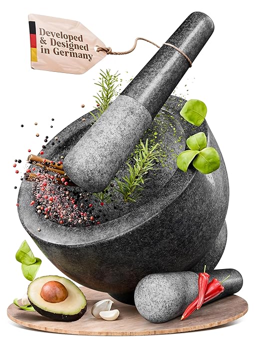 ChefSofi Extra Large 8 Inch 5 Cup-Capacity Mortar and Pestle Set - Black Polished Exterior - One Huge Mortar and Two Pestels: 8.5 inch and 6.5 inch