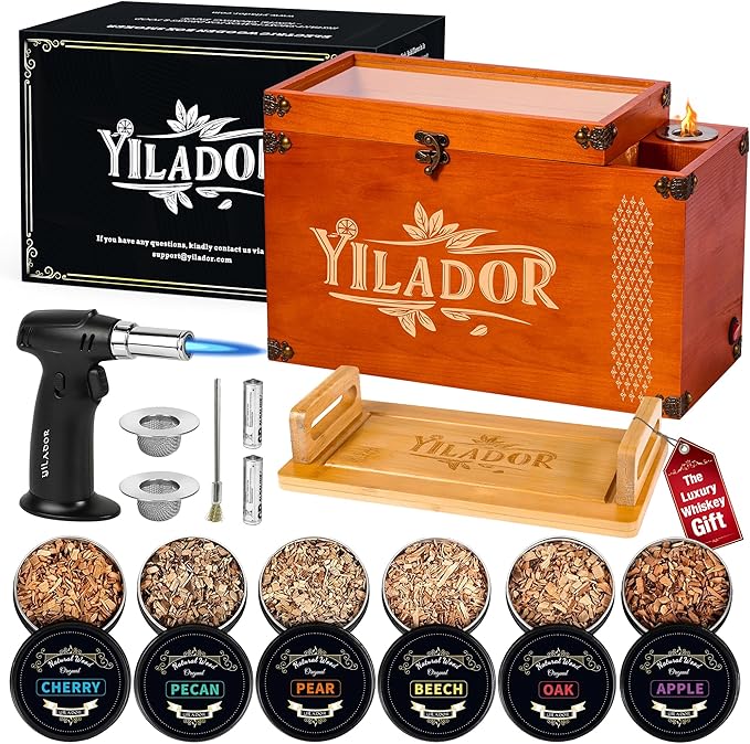 Old Fashioned Smoker Kit – Premium Wooden Gift Box for Whiskey & Cocktails, Electric Fan-Powered 2-in-1 Drink & Food Smoker, Bourbon Whiskey Gift for Men, Complete Set (Smoking Gun Not Required)