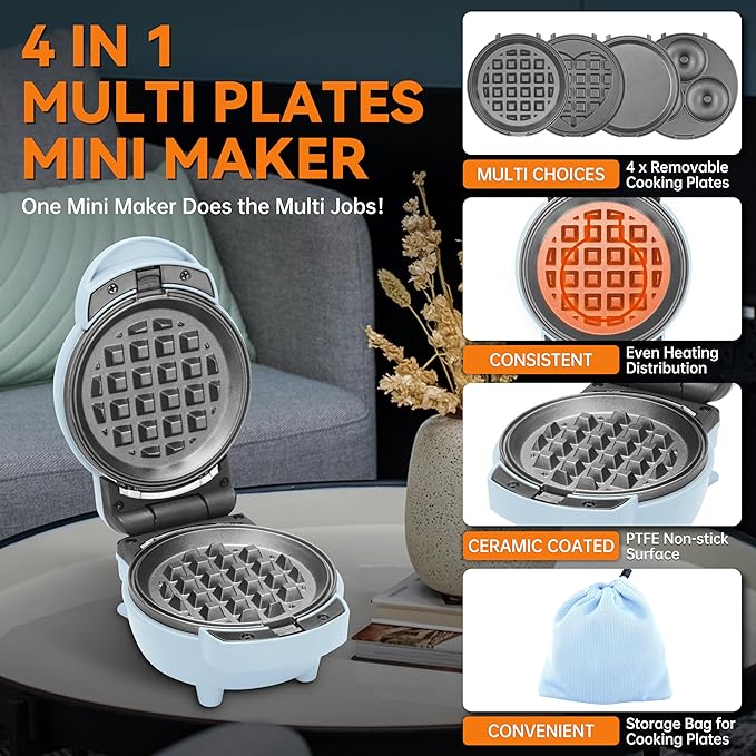 Baker's Friend 4 in 1 Mini Waffle Maker with Removable Plates, Set Includes Mini Pancake, Donut, Heart Shape Waffle Makers, Compact Size, Recipe Included, Blue