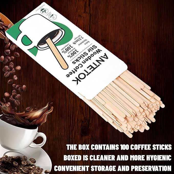 ANTETOK Wooden Coffee Stirrers - Coffee Stir Sticks 7.5 Inch,100pcs Disposable Birch Wood Coffee/Beverage Stirrers,Swizzle Drink Sticks,Coffee Bar Accessories