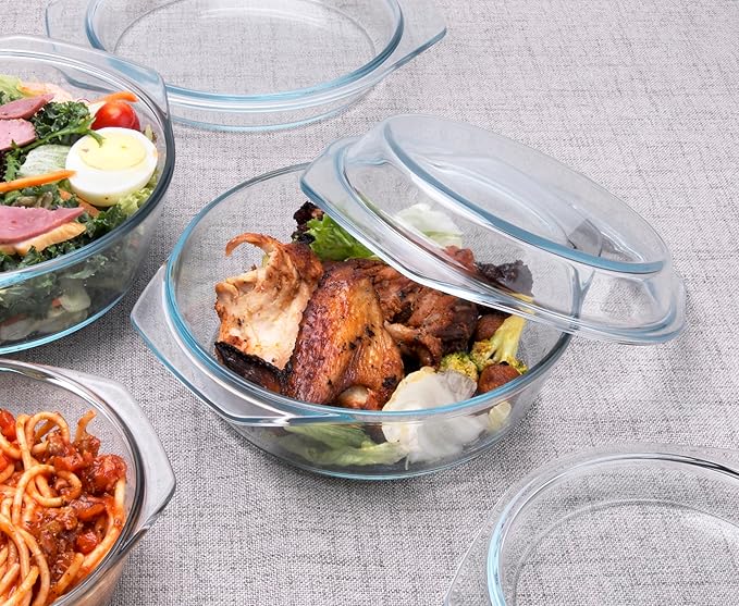Set of 6 Pieces Round Tempered Glass Casserole Dish with Lids, Glass Casserole Baking Dish Set for Oven, Freezer and Dishwasher Safe - 1QT+1.5QT+1.8QT