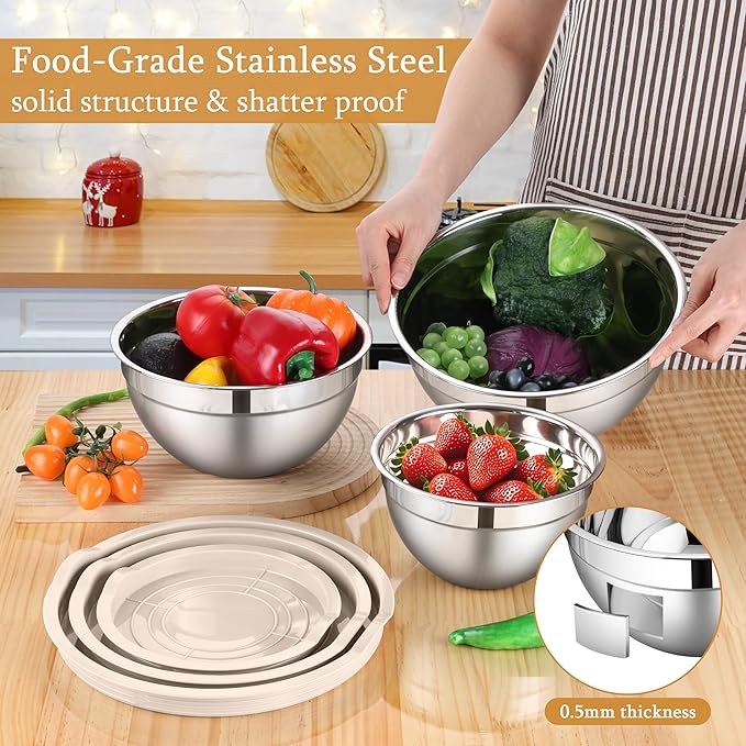 LIANYU Mixing Bowls with Airtight Lids Sets, 3 Packs Stainless Steel Metal Mixing Bowls, Ideal for Prepping, Cooking, Storage, Serving, Freezer & Dishwasher Safe, Khaki