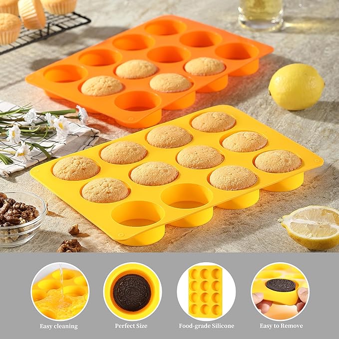 2 Pcs Oreo Chocolate Cookie Silicone Molds, 12-Cavity Round Silicone Mold, Baking Mold for Oreo, Chocolate, Cookie, Candy, Mini Cake, Jelly (Orange + Yellow)