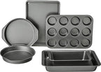 Amazon Basics 6 Piece Nonstick Carbon Steel Bakeware Set with Cake, Muffin, Cookie, and Loaf Pans, Easy Release, Oven Safe, 16.25 x 11.75 x 6.25 inches