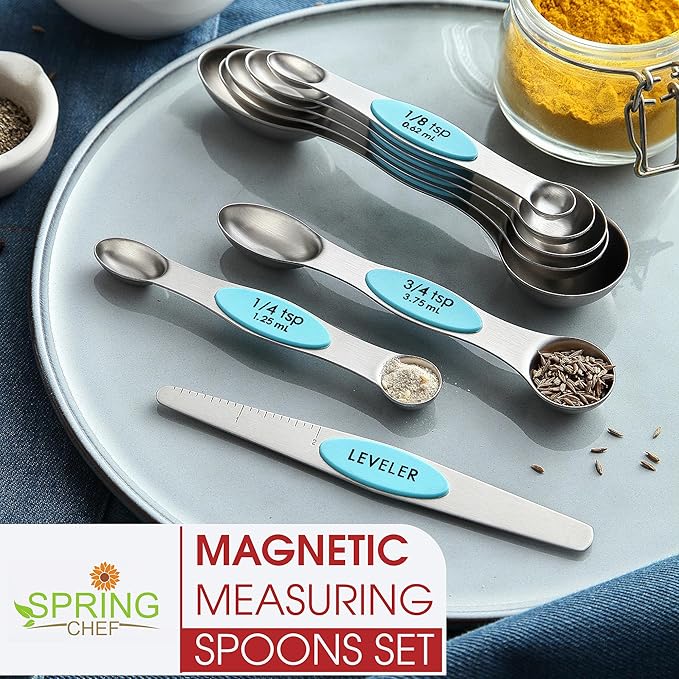Spring Chef Stainless Steel Magnetic Measuring Spoons Set of 8 with Leveler, Nesting Metal Teaspoon & Tablespoon Measuring Spoons, Fits in Spice Jars, Kitchen Gadgets for Baking & Cooking - Aqua Sky