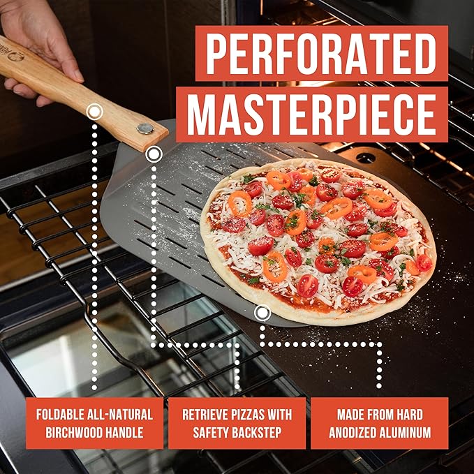 Chef Pomodoro Perforated Aluminum Metal Pizza Peel with Foldable Wood Handle for Easy Storage, Premium Pizza Paddle with Holes for Baking Homemade Pizza and Artisan Breads (12 inch)