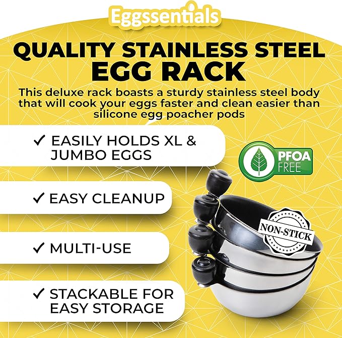 Eggssentials Egg Poacher Insert Stainless Steel Poached Egg Cooker Eggs Poaching Cup PFOA Free Egg Poachers Nonstick, 7.25" Rack Compatible with Current Cookware, Skillets & Instant Pots