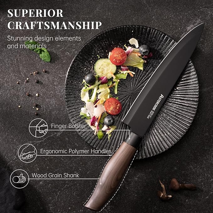 Astercook Knife Set, 6-Piece Kitchen Knife Set with Block, High Carbon Stainless Steel Ultra Sharp Kitchen Knives, Wood Grain Handle, Dishwasher Safe Knife Block Set, Black