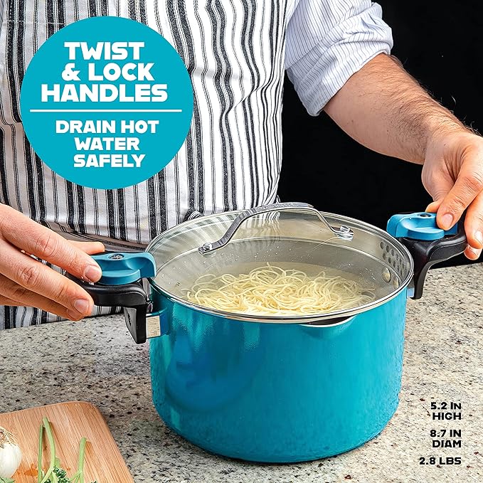 Gotham Steel 5 Quart Stock Pot Ceramic Multipurpose Pasta Pot with Strainer Lid & Twist and Lock Handles, Tempered Glass Lid, Dishwasher Safe, Aqua Blue