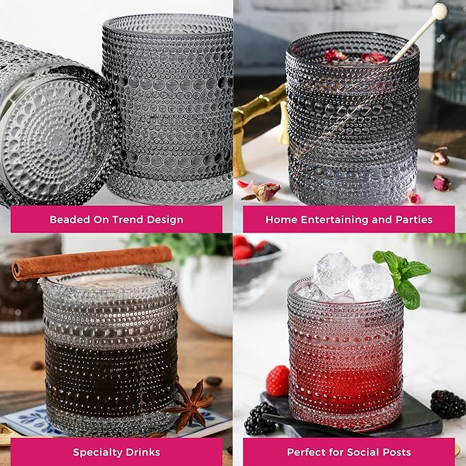 Kate Aspen Hobnail Beaded Drinking Glasses Vintage Glassware Set | Cocktail Glass Set, Juice Glass, Water Cups | Makes A Great Hostess Gift, Gift for Newlyweds (Smoke Grey)