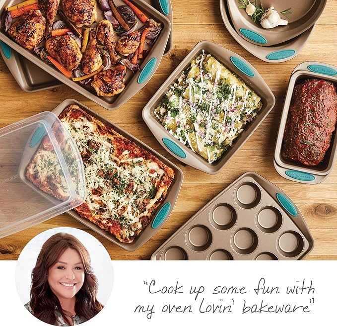 Rachael Ray 47578 Cucina Nonstick Bakeware Set with Grips Includes Nonstick Bread Pan, Baking Sheet, Cookie Sheet, Baking Pans, Cake Pan and Muffin Pan - 10 Piece, Latte Brown with Agave Blue Grips