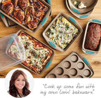 Rachael Ray 47578 Cucina Nonstick Bakeware Set with Grips Includes Nonstick Bread Pan, Baking Sheet, Cookie Sheet, Baking Pans, Cake Pan and Muffin Pan - 10 Piece, Latte Brown with Agave Blue Grips