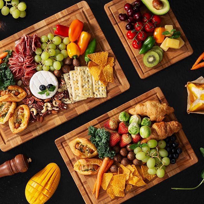 3 Pack Heavy Duty Bamboo Cutting Board Set Non Toxic Wooden Cutting Board for Kitchen Non Slip Solid End Grain Thick Wood Juice Groove Chopping Board Extra Large Butcher Block Best House Warming Gift