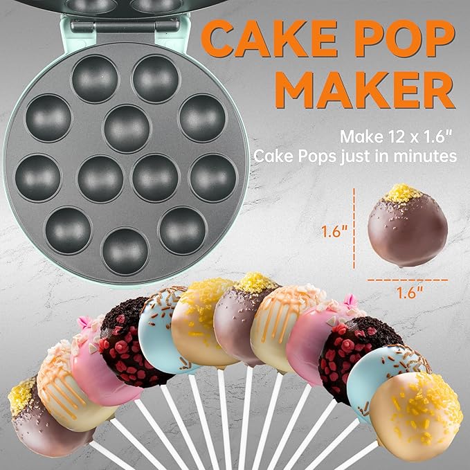 Baker's Friend Cake Pop Maker Machine Set with Cake Pop Stand, Sticks & Fork Tool, 12 Cake Pops Capacity, Aquamarine