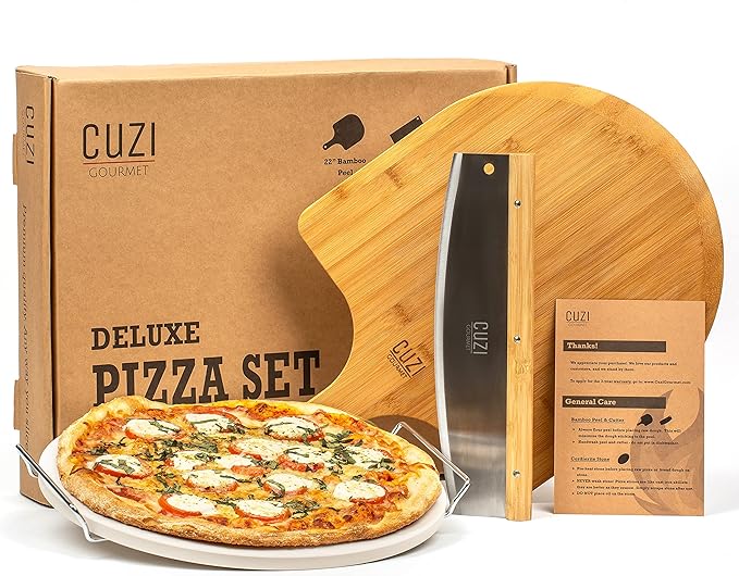 Cuzi Gourmet XL 4-Piece Pizza Stone Set - 15" Thermal Shock Resistant Cordierite Baking Stone, 22" Natural Bamboo Peel & Cutter Rocker - Large Stone for Grill and Oven
