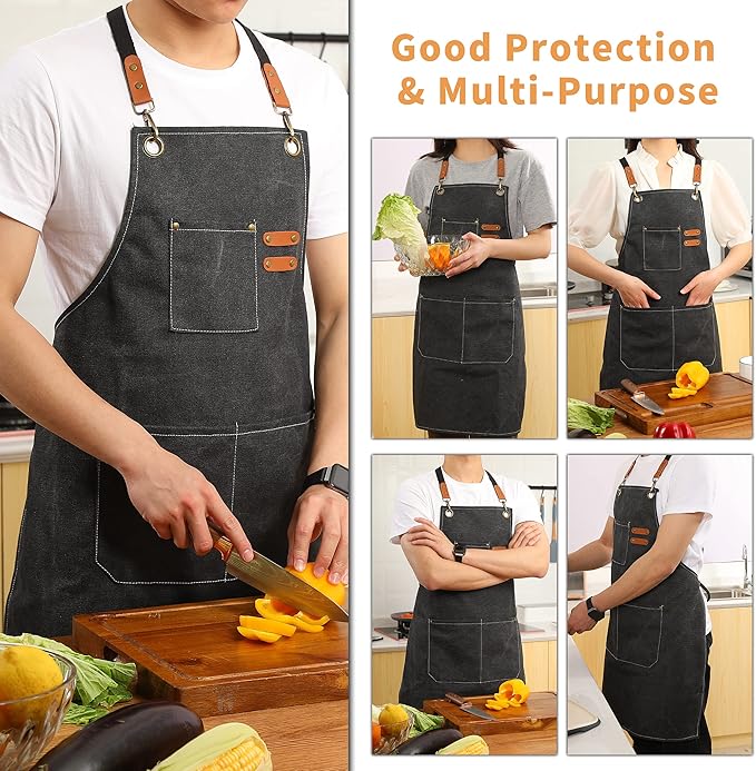 Tosewever Canvas Cross Back Chef Cotton Aprons for Men Women with Large Pockets