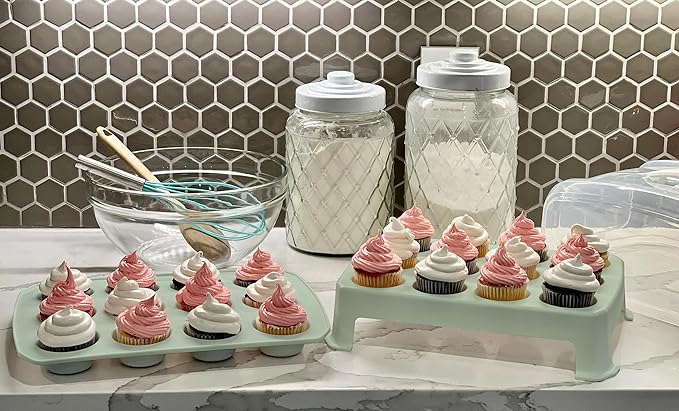 Top Shelf Elements Cupcake Carrier, EXTRA TALL LID, Green Cupcake Holder Carries 24 Standard-Size Cupcakes, Muffin Traveler Two Tier Stand Reusable Cupcake Box