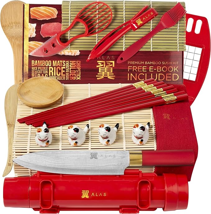 Alas Christmas Gifts Sushi Making Kit- Complete Sushi Making Kit for Beginners & Pros Sushi Makers, Perfect Sushi Making Kitchen Accessories Like Sushi Knife, 2 Sushi Mats, Rice Bazooka & More (Red)