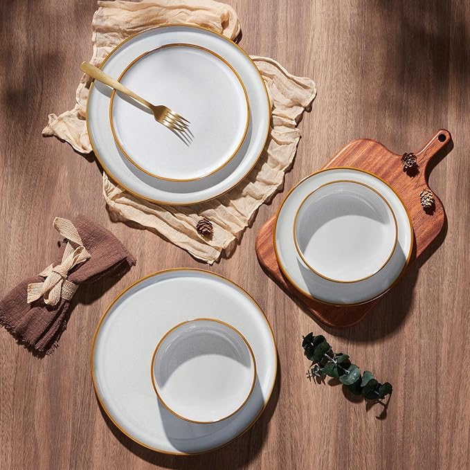 E-far Dinnerware Sets for 6, 18-Piece Stoneware Plates and Bowls Set, Reactive Glaze Dinning Ware Dishes Set, Microwave & Dishwasher Safe - Seashell White