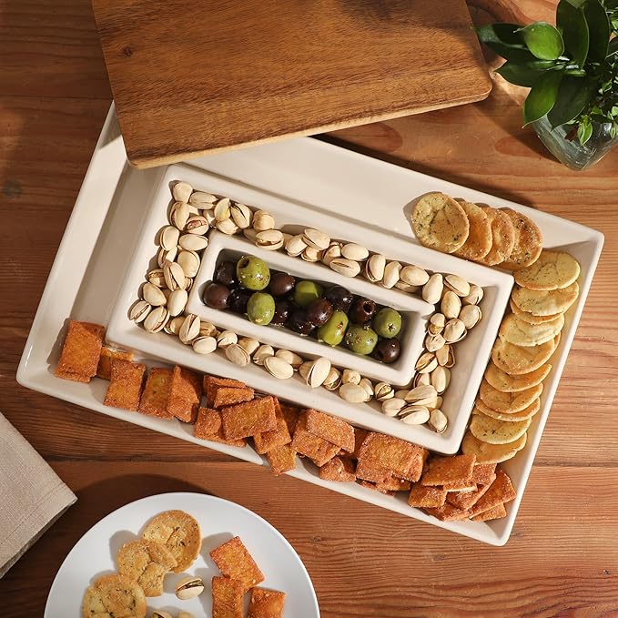Gibson Elite 3-Section Stoneware Serving Tray with Acacia Lid – Taupe Rectangular Chip & Dip, Condiment, Snack and Appetizer Server for Parties & Entertaining
