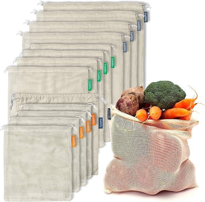 12+1 Reusable Produce Bags Grocery Washable, Organic Cotton Mesh Produce Bags, Double-Stitched & Tare Weigh, Mesh bags for vegetables, Cotton Produce Bags Reusable Washable, Produce bag 4xS, 4xM, 4xL