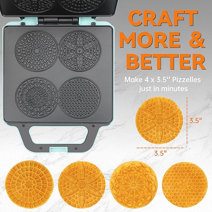 Baker’s Friend Pizzelle Maker Electric, 4 X 3.5” Pizzelle Waffle Cookies for Christmas Baking Supplies, Stroopwafel Iron, Cookie Maker Machine with Pattern, Thin Waffle Maker, Aqua
