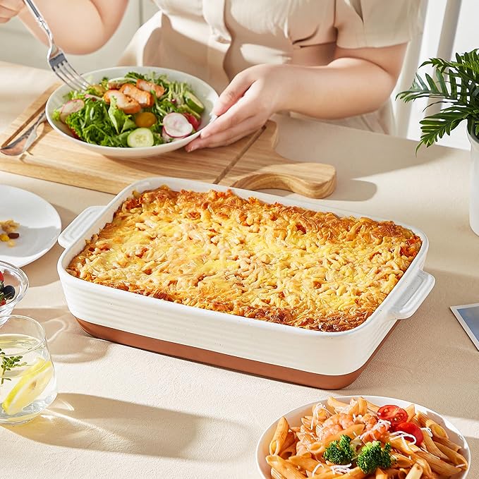 MALACASA Baking Dish 4.8 Qt Ceramic Casserole & Lasagna Pan, 9x13 Inch Deep Rectangular Oven Safe Dish with Handles for Baking, Roasting, Serving (Khaki & White) - Series Tara