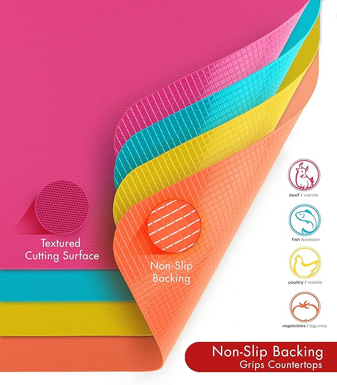 Dexas Heavy Duty Cutting Board Grippmat, Flexible Cutting Boards for Kitchen, Set of 4, Non Slip Plastic Board Cutting Mat 11.5 by 14 inches, Bright Blue, Yellow, Orange and Pink Set Kitchen Gadgets