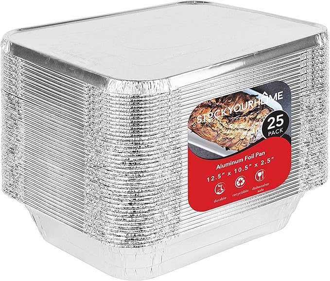 Stock Your Home Disposable Aluminum Pans with Lids 9x13 (25 Pans and 25 Lids), Food Containers for Baking, Cooking, Heating, Storing and Prepping