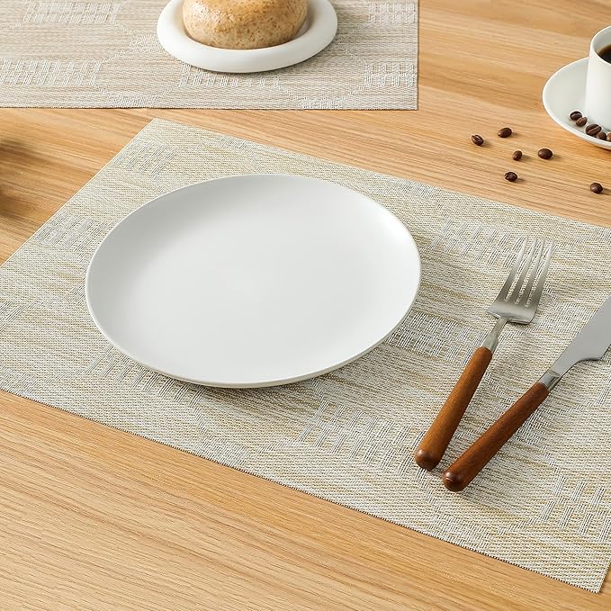 Leetaltree Wheat Placemats Set of 8 - Heat Resistant Non-Slip Place mats for Dining Table, Washable Durable PVC Vinyl Woven Table Mats（Wheat, 8）