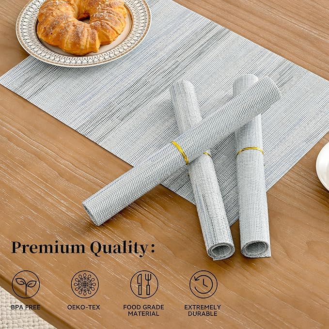 Leetaltree LightSteel Blue Placemats Set of 8 - Heat Resistant Non-Slip Place mats for Dining Table, Washable Durable PVC Vinyl Woven Table Mats（LightSteel Blue, 8）