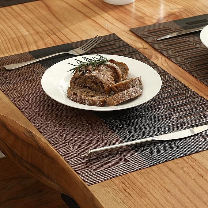 Leetaltree Brown with Black Striped Placemats Set of 4 - Heat Resistant Non-Slip Place mats for Dining Table, Washable Durable PVC Vinyl Woven Table Mats（Brown Stripe, 4）