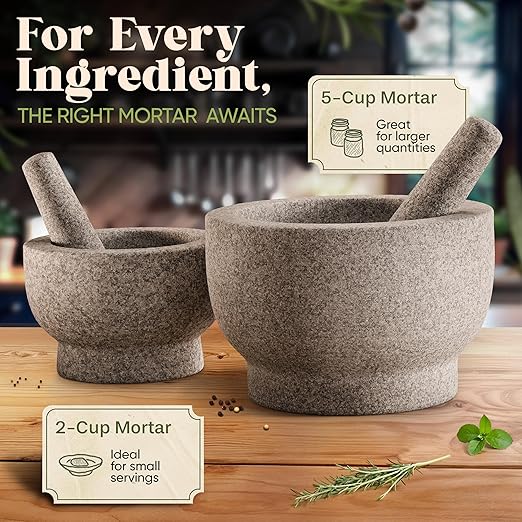 ChefSofi Extra Large 8 Inch 5 Cup-Capacity Mortar and Pestle Set - One Huge Mortar and Two Pestels: 8.5 inch and 6.5 inch - Unpolished Heavy Granite for Enhanced Performance and Organic Appearance