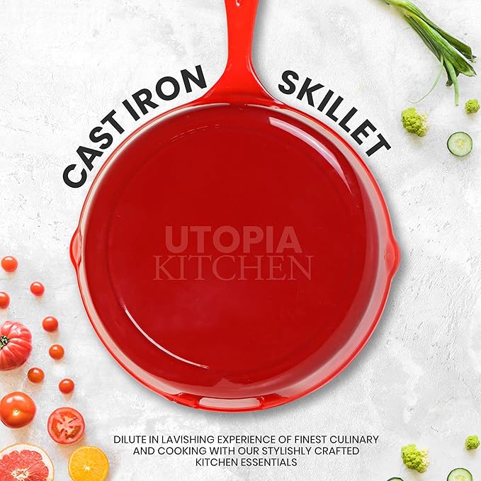 Utopia Kitchen Cast iron Skillets 3 Piece Set,Chefs Pan, Pre Seasoned Cast iron Skillets, 6, 8 & 10 Inches, Easy Use in the Oven, Stove, Grill, or Campfire, Red