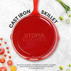 Utopia Kitchen Cast iron Skillets 3 Piece Set,Chefs Pan, Pre Seasoned Cast iron Skillets, 6, 8 & 10 Inches, Easy Use in the Oven, Stove, Grill, or Campfire, Red
