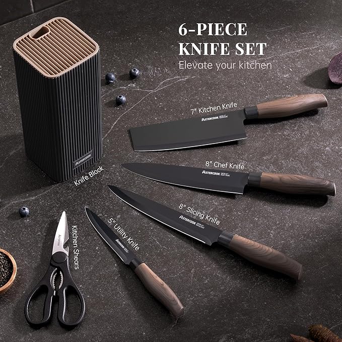 Astercook Knife Set, 6-Piece Kitchen Knife Set with Block, High Carbon Stainless Steel Ultra Sharp Kitchen Knives, Wood Grain Handle, Dishwasher Safe Knife Block Set, Black