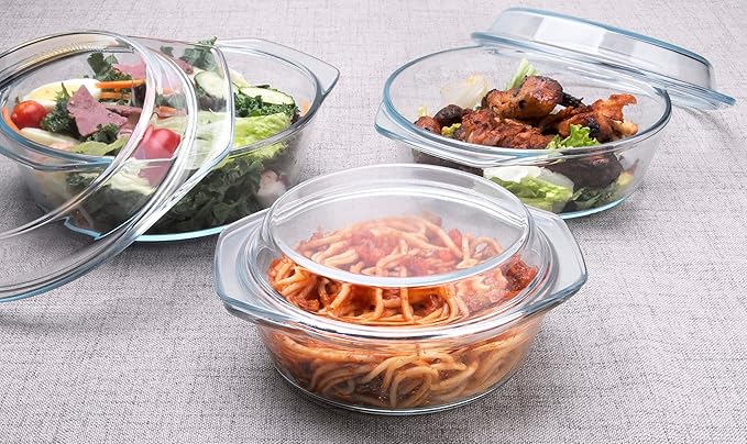 Set of 6 Pieces Round Tempered Glass Casserole Dish with Lids, Glass Casserole Baking Dish Set for Oven, Freezer and Dishwasher Safe - 0.7QT+1QT+1.5QT