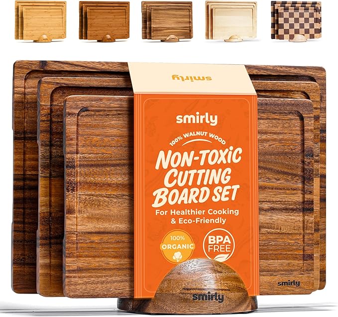 SMIRLY Walnut Wood Cutting Boards for Kitchen, Set of 3 with Holder Large - Small, Walnut Wooden Cutting Board Set with Deep Juice Grooves, Non Toxic Serving Tray, Perfect Mother's Day Gifts